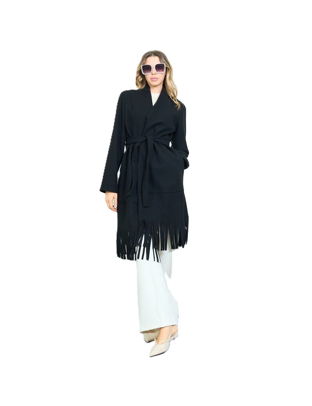 Manteau long frangé ceinturé femme à petit prix | DestockEnLive.com